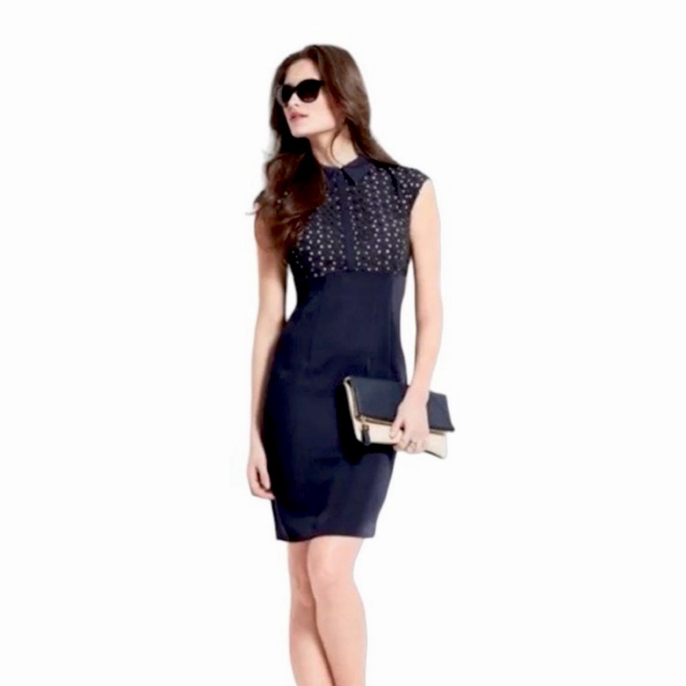 Ann Taylor Navy Blue Size 4 Cap Sleeve Eyelet Dress